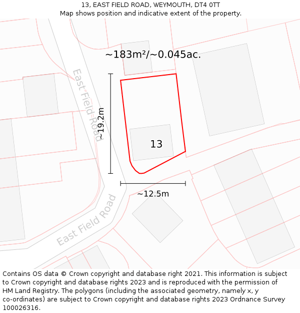 13, EAST FIELD ROAD, WEYMOUTH, DT4 0TT: Plot and title map