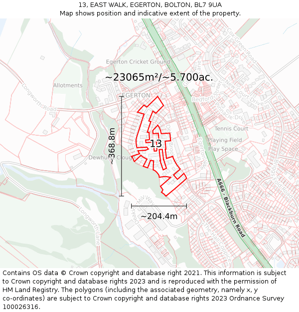 13, EAST WALK, EGERTON, BOLTON, BL7 9UA: Plot and title map