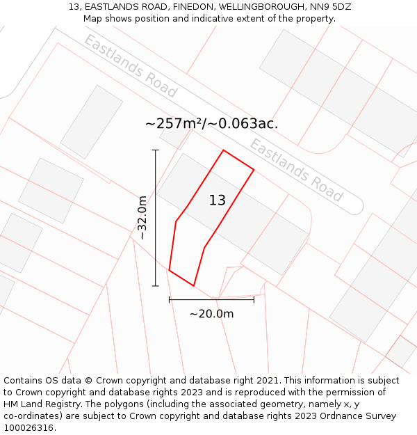 13, EASTLANDS ROAD, FINEDON, WELLINGBOROUGH, NN9 5DZ: Plot and title map