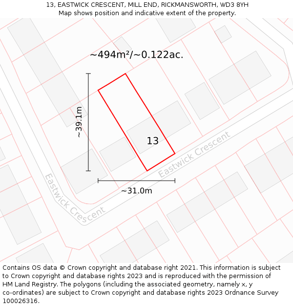 13, EASTWICK CRESCENT, MILL END, RICKMANSWORTH, WD3 8YH: Plot and title map