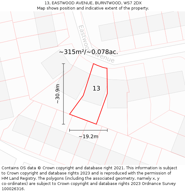 13, EASTWOOD AVENUE, BURNTWOOD, WS7 2DX: Plot and title map