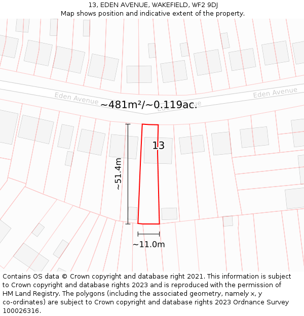 13, EDEN AVENUE, WAKEFIELD, WF2 9DJ: Plot and title map