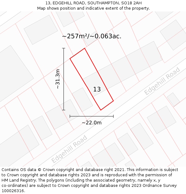 13, EDGEHILL ROAD, SOUTHAMPTON, SO18 2AH: Plot and title map