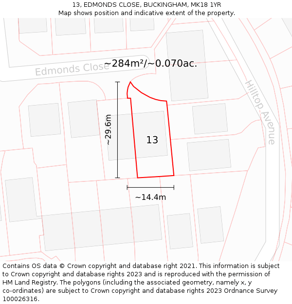 13, EDMONDS CLOSE, BUCKINGHAM, MK18 1YR: Plot and title map