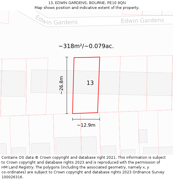 13, EDWIN GARDENS, BOURNE, PE10 9QN: Plot and title map