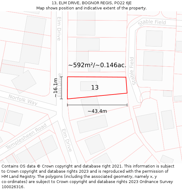 13, ELM DRIVE, BOGNOR REGIS, PO22 6JE: Plot and title map