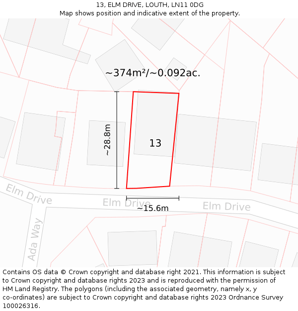 13, ELM DRIVE, LOUTH, LN11 0DG: Plot and title map