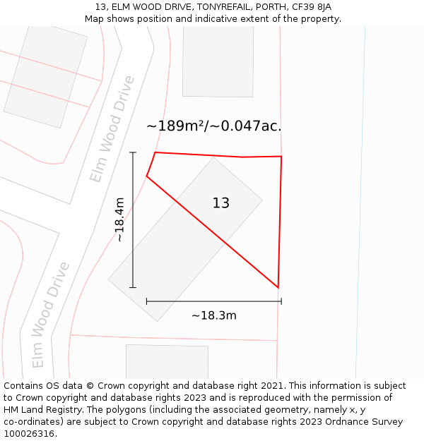 13, ELM WOOD DRIVE, TONYREFAIL, PORTH, CF39 8JA: Plot and title map