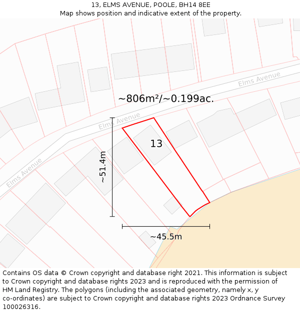 13, ELMS AVENUE, POOLE, BH14 8EE: Plot and title map