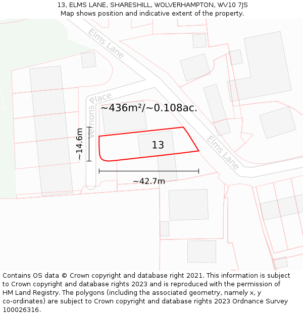 13, ELMS LANE, SHARESHILL, WOLVERHAMPTON, WV10 7JS: Plot and title map