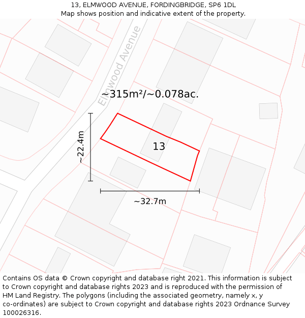 13, ELMWOOD AVENUE, FORDINGBRIDGE, SP6 1DL: Plot and title map