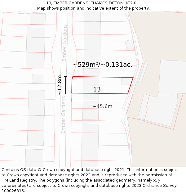 13, EMBER GARDENS, THAMES DITTON, KT7 0LL: Plot and title map