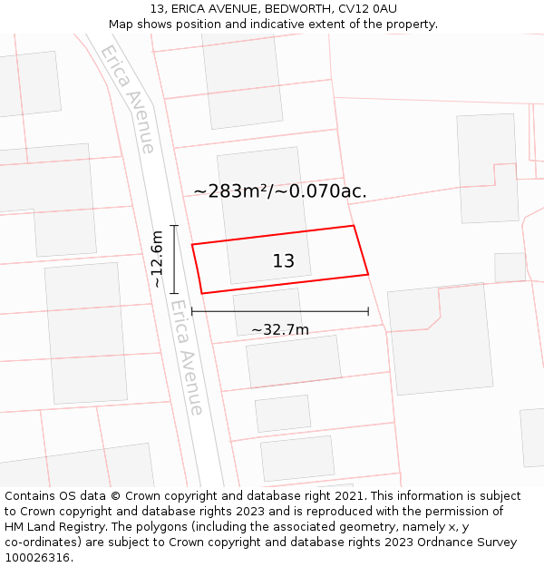 13, ERICA AVENUE, BEDWORTH, CV12 0AU: Plot and title map