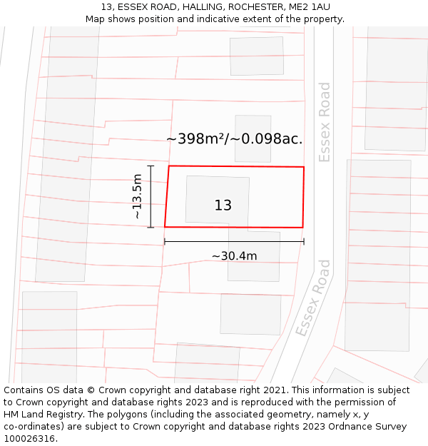 13, ESSEX ROAD, HALLING, ROCHESTER, ME2 1AU: Plot and title map