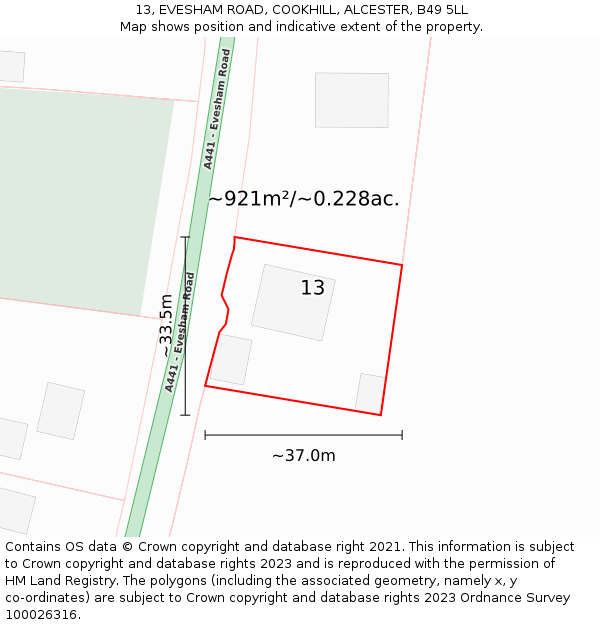 13, EVESHAM ROAD, COOKHILL, ALCESTER, B49 5LL: Plot and title map