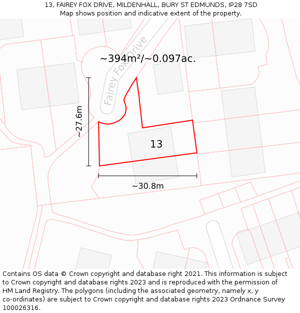 13, FAIREY FOX DRIVE, MILDENHALL, BURY ST EDMUNDS, IP28 7SD: Plot and title map