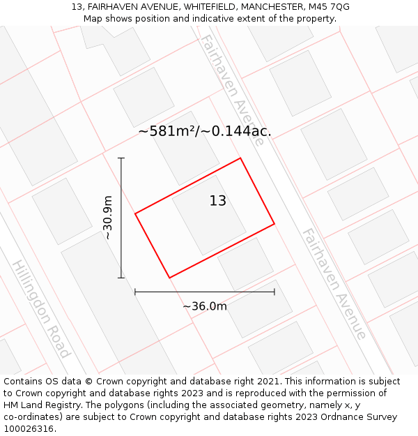 13, FAIRHAVEN AVENUE, WHITEFIELD, MANCHESTER, M45 7QG: Plot and title map