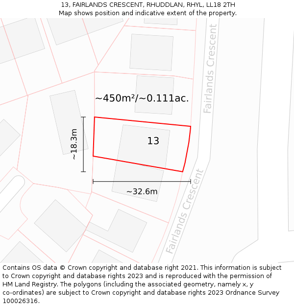 13, FAIRLANDS CRESCENT, RHUDDLAN, RHYL, LL18 2TH: Plot and title map