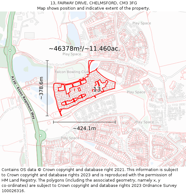 13, FAIRWAY DRIVE, CHELMSFORD, CM3 3FG: Plot and title map