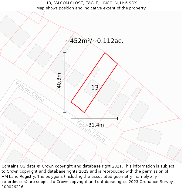 13, FALCON CLOSE, EAGLE, LINCOLN, LN6 9DX: Plot and title map