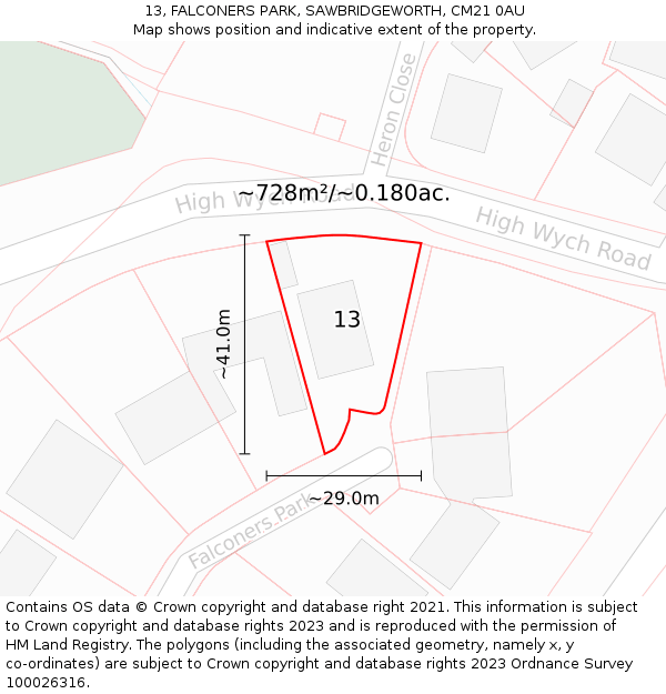 13, FALCONERS PARK, SAWBRIDGEWORTH, CM21 0AU: Plot and title map