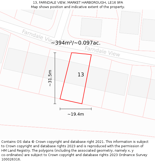 13, FARNDALE VIEW, MARKET HARBOROUGH, LE16 9FA: Plot and title map