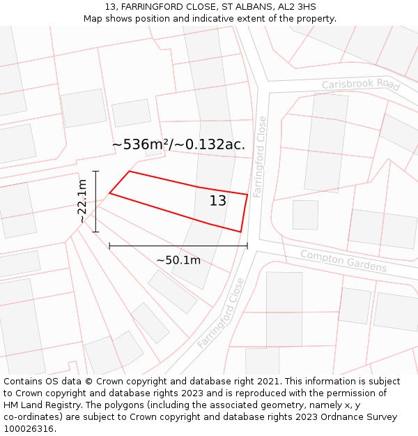 13, FARRINGFORD CLOSE, ST ALBANS, AL2 3HS: Plot and title map