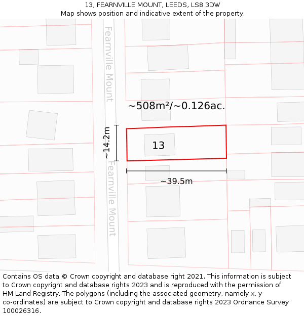 13, FEARNVILLE MOUNT, LEEDS, LS8 3DW: Plot and title map