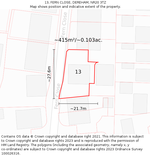 13, FERN CLOSE, DEREHAM, NR20 3TZ: Plot and title map