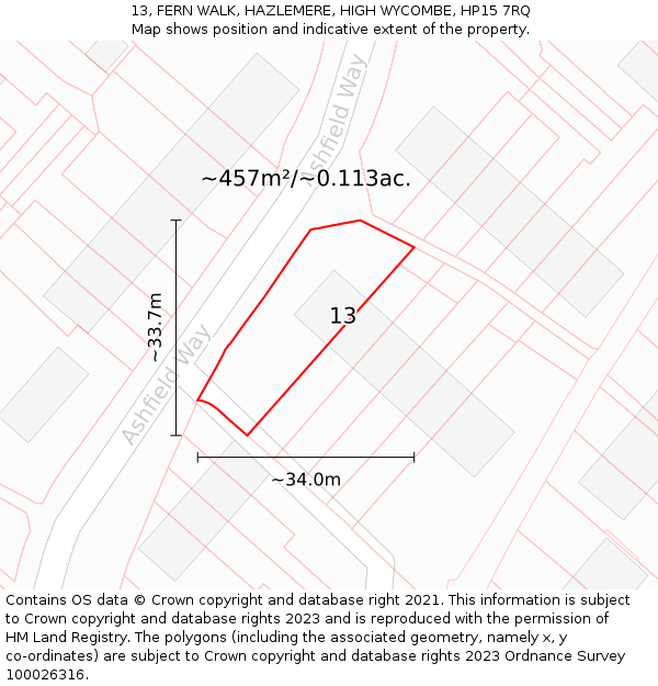 13, FERN WALK, HAZLEMERE, HIGH WYCOMBE, HP15 7RQ: Plot and title map