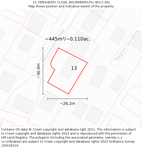 13, FERNHEATH CLOSE, BOURNEMOUTH, BH11 8SL: Plot and title map