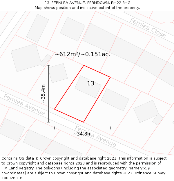 13, FERNLEA AVENUE, FERNDOWN, BH22 8HG: Plot and title map