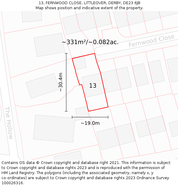 13, FERNWOOD CLOSE, LITTLEOVER, DERBY, DE23 6JB: Plot and title map