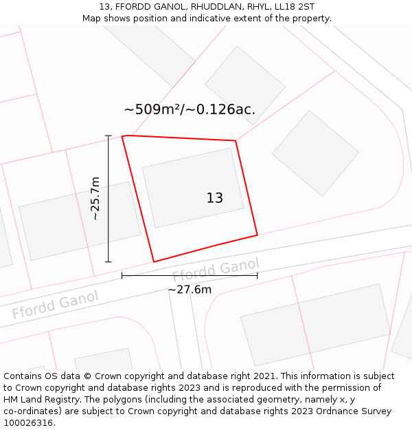 13, FFORDD GANOL, RHUDDLAN, RHYL, LL18 2ST: Plot and title map