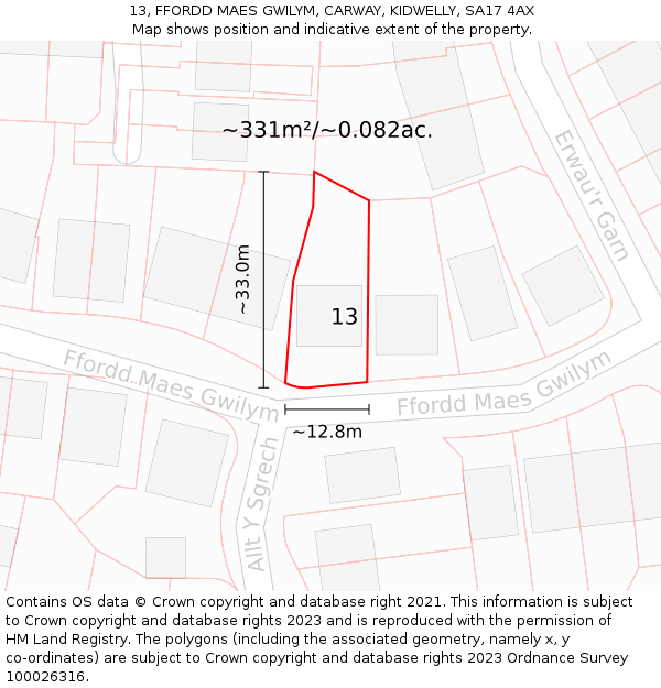 13, FFORDD MAES GWILYM, CARWAY, KIDWELLY, SA17 4AX: Plot and title map