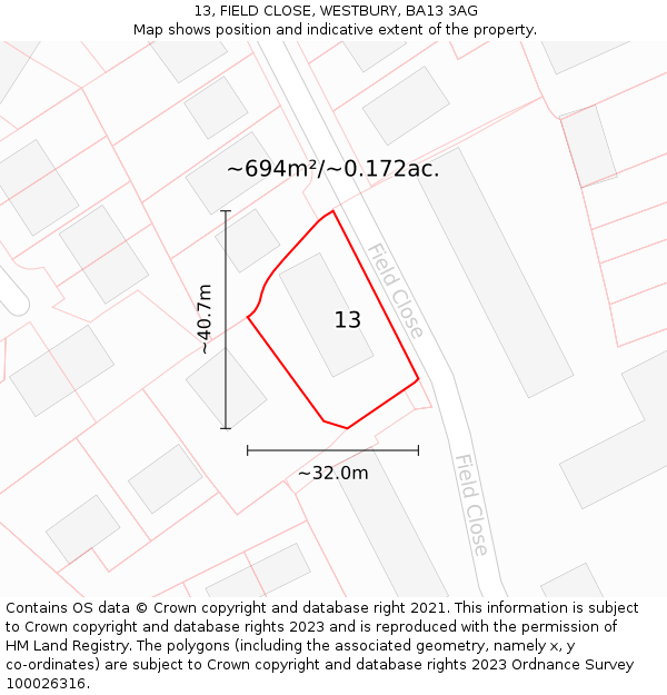 13, FIELD CLOSE, WESTBURY, BA13 3AG: Plot and title map