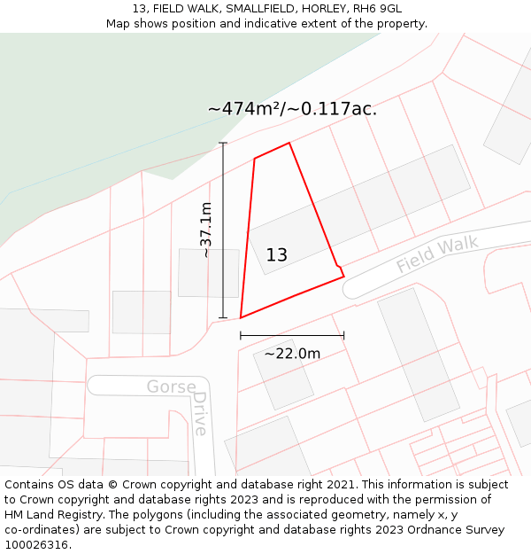 13, FIELD WALK, SMALLFIELD, HORLEY, RH6 9GL: Plot and title map