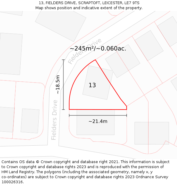 13, FIELDERS DRIVE, SCRAPTOFT, LEICESTER, LE7 9TS: Plot and title map