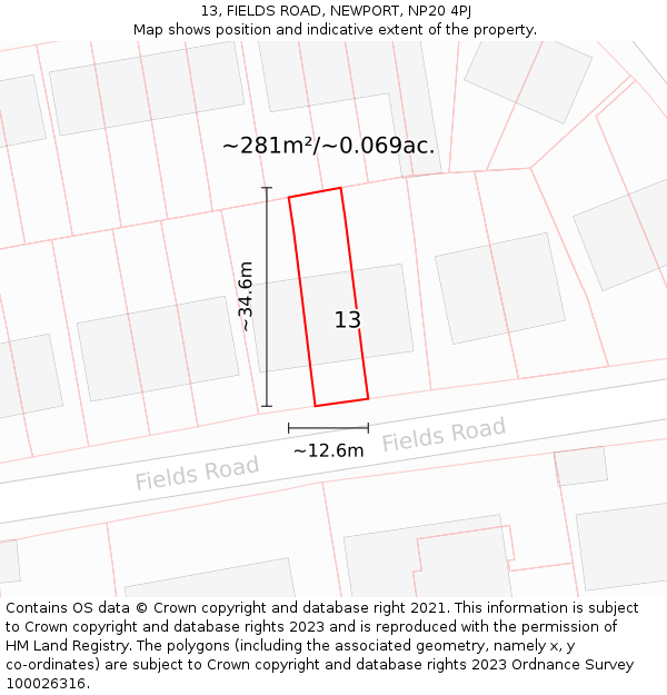 13, FIELDS ROAD, NEWPORT, NP20 4PJ: Plot and title map