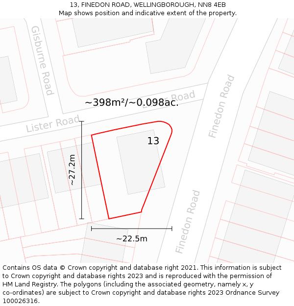 13, FINEDON ROAD, WELLINGBOROUGH, NN8 4EB: Plot and title map