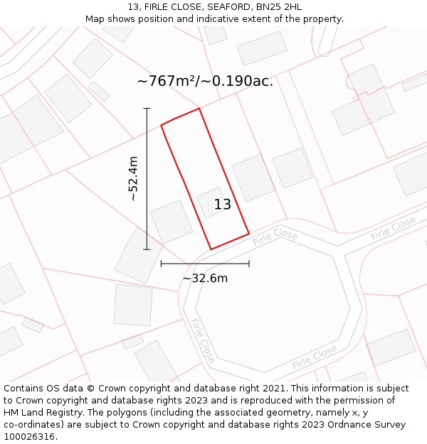 13, FIRLE CLOSE, SEAFORD, BN25 2HL: Plot and title map