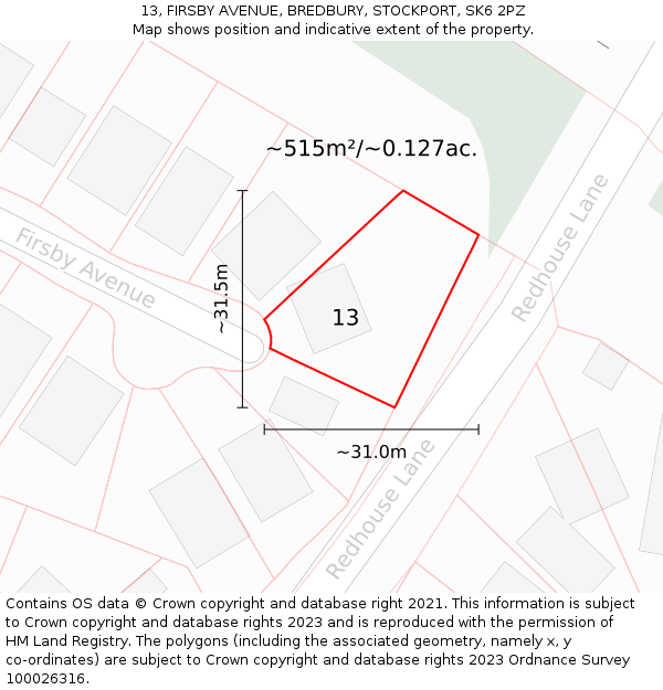 13, FIRSBY AVENUE, BREDBURY, STOCKPORT, SK6 2PZ: Plot and title map