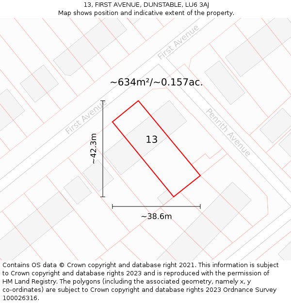 13, FIRST AVENUE, DUNSTABLE, LU6 3AJ: Plot and title map