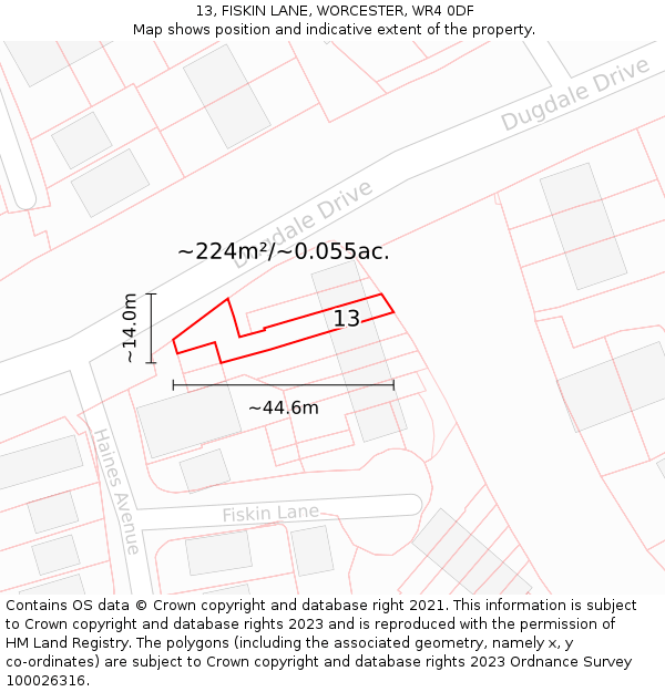 13, FISKIN LANE, WORCESTER, WR4 0DF: Plot and title map