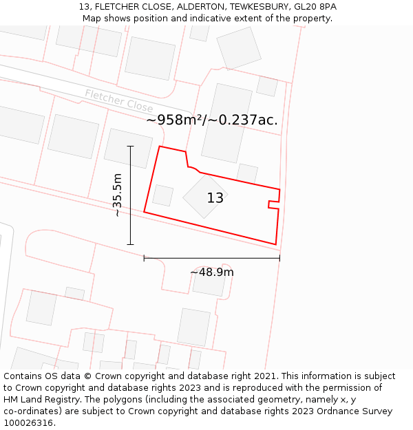 13, FLETCHER CLOSE, ALDERTON, TEWKESBURY, GL20 8PA: Plot and title map