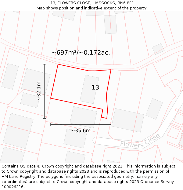 13, FLOWERS CLOSE, HASSOCKS, BN6 8FF: Plot and title map