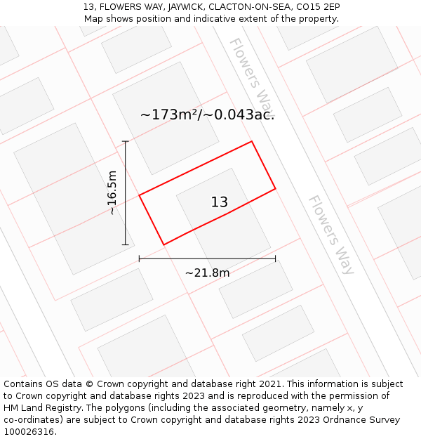 13, FLOWERS WAY, JAYWICK, CLACTON-ON-SEA, CO15 2EP: Plot and title map