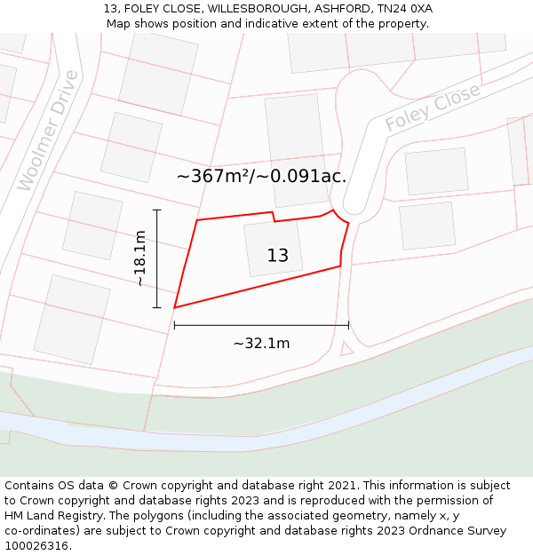 13, FOLEY CLOSE, WILLESBOROUGH, ASHFORD, TN24 0XA: Plot and title map