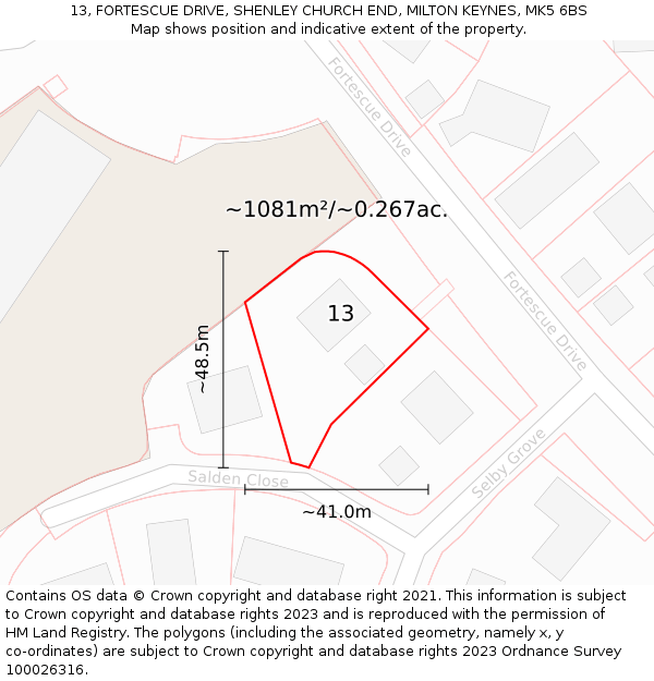 13, FORTESCUE DRIVE, SHENLEY CHURCH END, MILTON KEYNES, MK5 6BS: Plot and title map