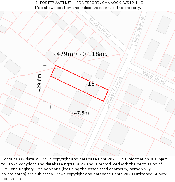 13, FOSTER AVENUE, HEDNESFORD, CANNOCK, WS12 4HG: Plot and title map